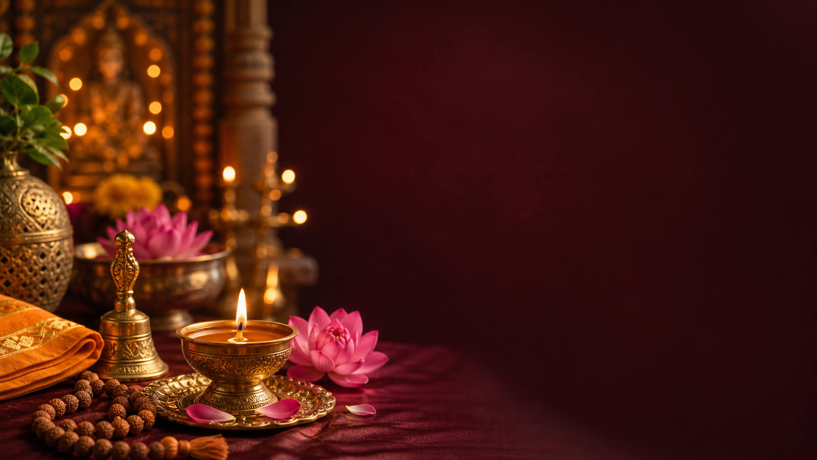 Devotional booking banner with diya and lotus petals