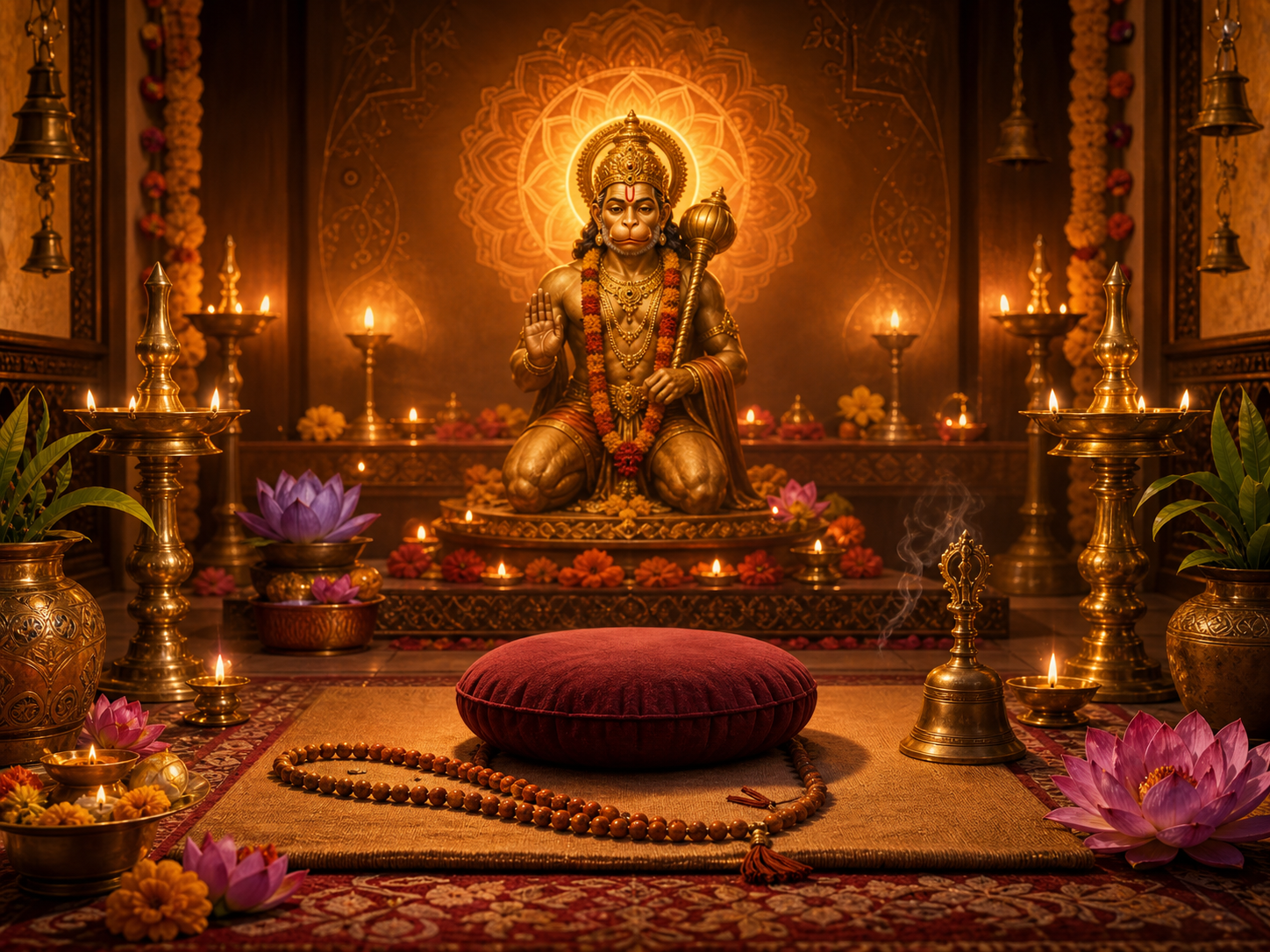 Devotional meditation hall with diya lamps